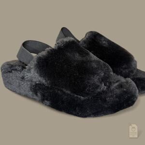 Cabana by Crown & Ivy Black Faux Fur Slingback Slippers Open Toe Size 6 Fuzzy